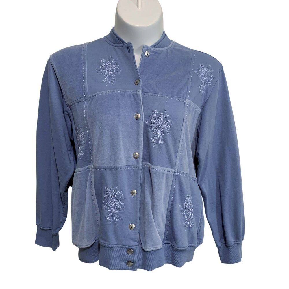 Alfred Dunner Cardigan Women's Med Light Blue Velour Floral Embroidered Pockets
